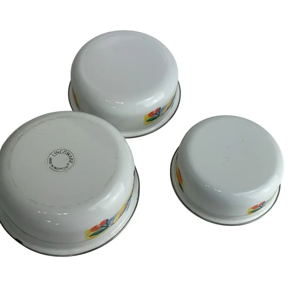 Vintage lincoware Enamel Mixing Nesting Enamelware Bowls Fruit Print Peach Set 3